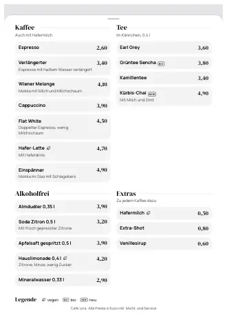 A4-Getränkekarte von Café Lina im Stil „Großer Auftritt“ zum Ausdrucken