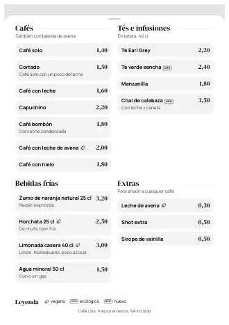 Carta de bebidas A4 de Café Lina con el estilo «Gran entrada», lista para imprimir