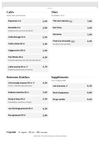 Carte des boissons A4 de Café Lina en style « Grande entrée », prête à imprimer