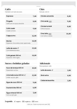 Cardápio de bebidas A4 do Café Lina no estilo “Grande entrada”, pronto para imprimir