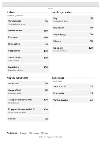 Café Lina için “Büyük giriş” stilinde, yazdırmaya hazır A4 içecek menüsü