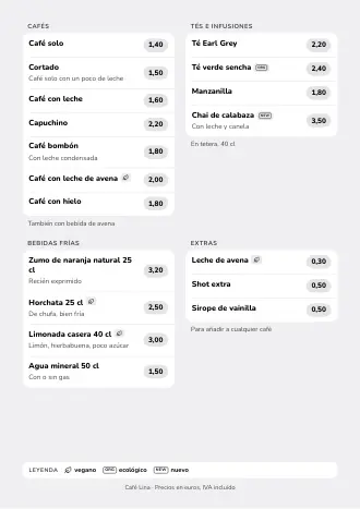 Plantilla de carta de bebidas estilo «Listas suaves» (A4)