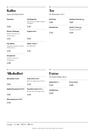 Vorlage für die Getränkekarte „Magazin“ mit Kaffee, Tee und Preisen