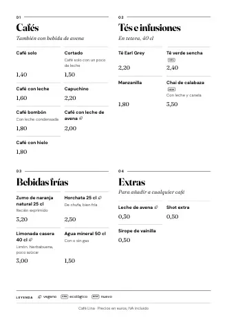 Plantilla de carta de bebidas «Revista» con cafés, tés y precios