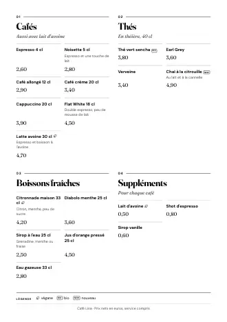 Modèle de carte des boissons « Magazine » avec cafés, thés et prix