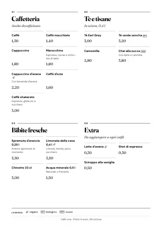 Modello di menu bevande “Rivista” con caffè, tè e prezzi