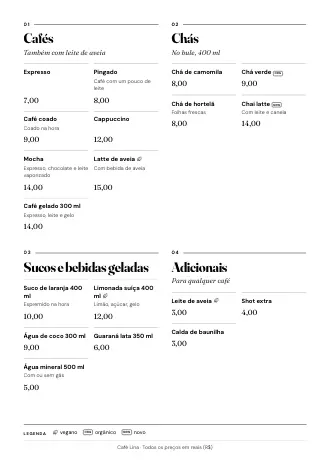Cardápio de bebidas no estilo “Revista” com cafés, chás e preços