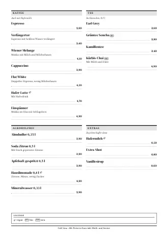 A4-Getränkekarte von Café Lina im Stil „Zeitung“ zum Ausdrucken
