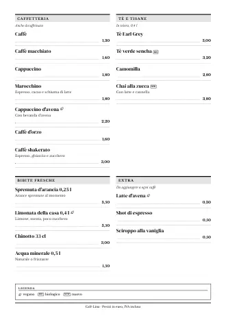 Menu bevande A4 di Café Lina in stile “Giornale”, pronto da stampare