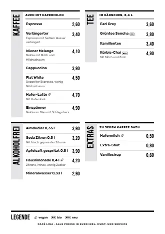 Vorlage für die Getränkekarte „Plakat“ mit Kaffee, Tee und Preisen