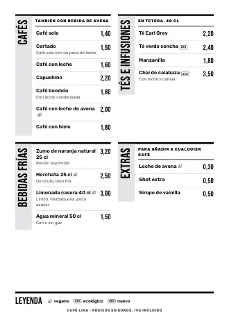 Plantilla de carta de bebidas «Cartel» con cafés, tés y precios