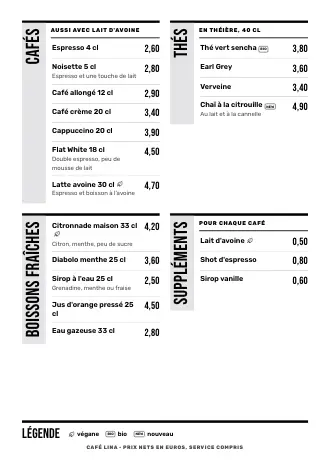 Modèle de carte des boissons « Affiche » avec cafés, thés et prix