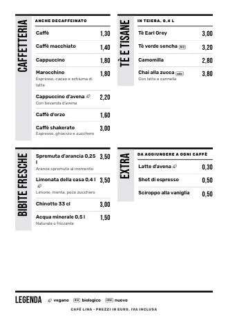 Modello di menu bevande “Manifesto” con caffè, tè e prezzi