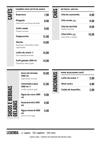 Cardápio de bebidas no estilo “Pôster” com cafés, chás e preços