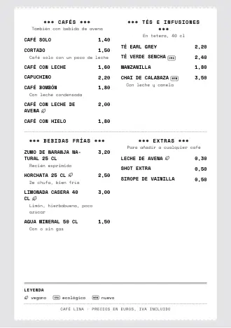 Carta de bebidas A4 de Café Lina con el estilo «Ticket de caja», lista para imprimir