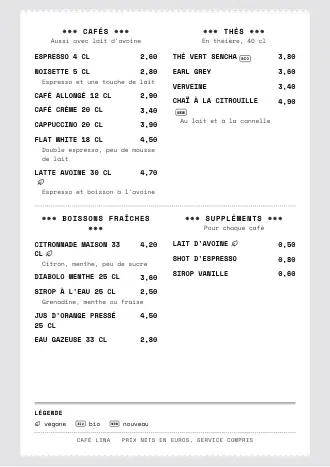 Carte des boissons A4 de Café Lina en style « Ticket de caisse », prête à imprimer