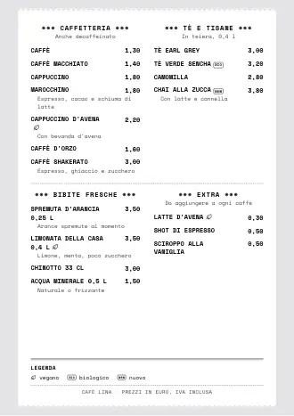 Menu bevande A4 di Café Lina in stile “Scontrino”, pronto da stampare
