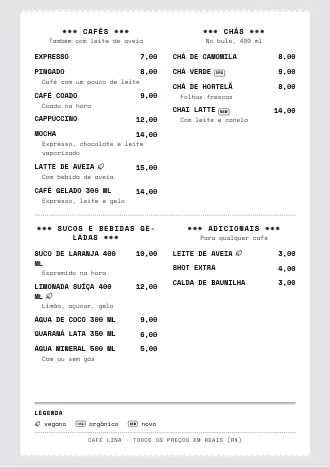 Cardápio de bebidas A4 do Café Lina no estilo “Cupom fiscal”, pronto para imprimir