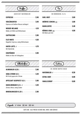 A4-Getränkekarte von Café Lina im Stil „50er-Diner“ zum Ausdrucken