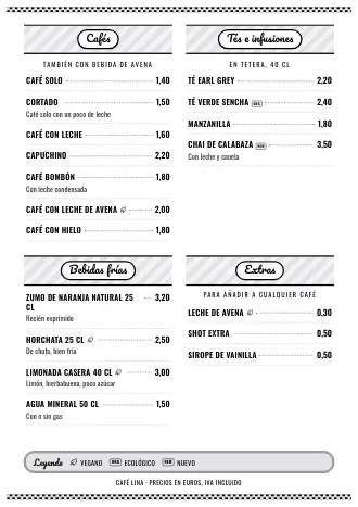 Carta de bebidas A4 de Café Lina con el estilo «Diner de los 50», lista para imprimir