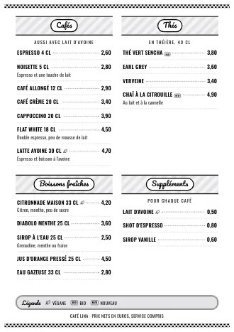 Carte des boissons A4 de Café Lina en style « Diner années 50 », prête à imprimer