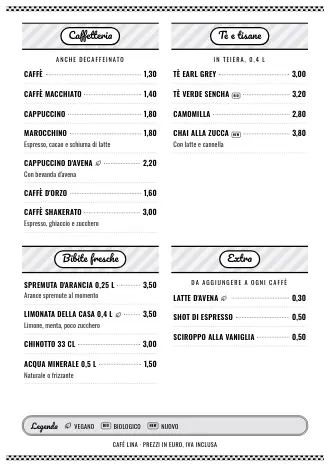 Menu bevande A4 di Café Lina in stile “Diner anni '50”, pronto da stampare
