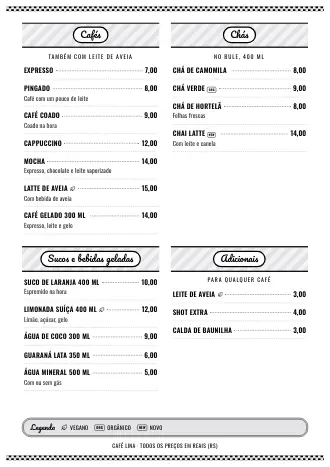 Cardápio de bebidas A4 do Café Lina no estilo “Lanchonete anos 50”, pronto para imprimir