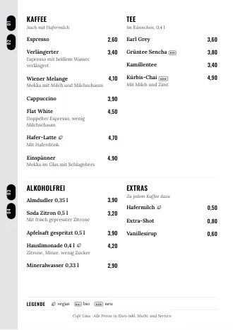 Vorlage für die Getränkekarte „Liste am Rand“ mit Kaffee, Tee und Preisen