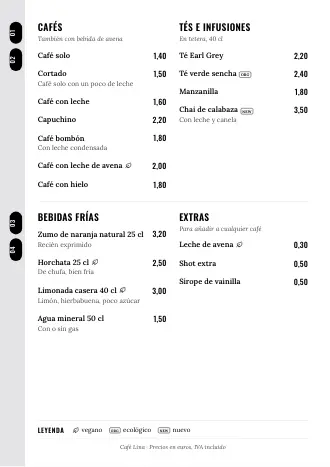 Plantilla de carta de bebidas «Lista lateral» con cafés, tés y precios