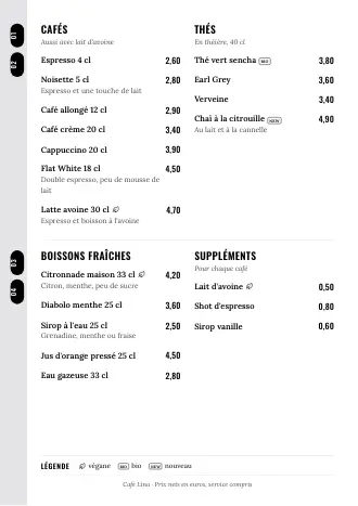 Modèle de carte des boissons « Liste sur le côté » avec cafés, thés et prix