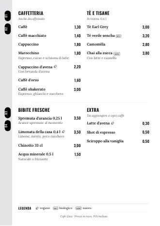 Modello di menu bevande “Elenco laterale” con caffè, tè e prezzi