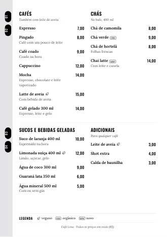 Cardápio de bebidas no estilo “Lista lateral” com cafés, chás e preços