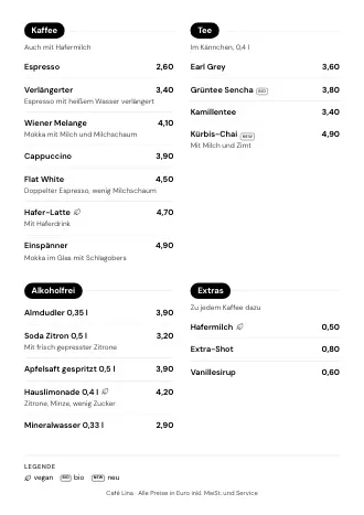 A4-Getränkekarte von Café Lina im Stil „Kategorie-Knöpfe“ zum Ausdrucken