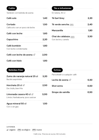 Carta de bebidas A4 de Café Lina con el estilo «Botones de categoría», lista para imprimir