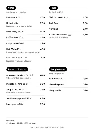 Carte des boissons A4 de Café Lina en style « Boutons de catégorie », prête à imprimer
