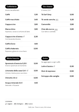 Menu bevande A4 di Café Lina in stile “Pulsanti categoria”, pronto da stampare