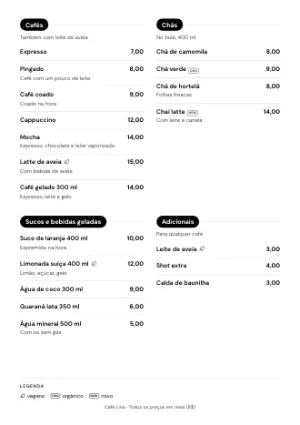 Cardápio de bebidas A4 do Café Lina no estilo “Botões de categoria”, pronto para imprimir