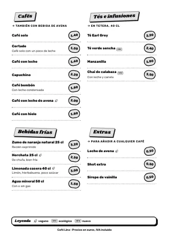 Carta de bebidas A4 de Café Lina con el estilo «Comida callejera», lista para imprimir