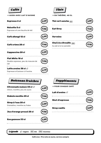 Carte des boissons A4 de Café Lina en style « Street food », prête à imprimer