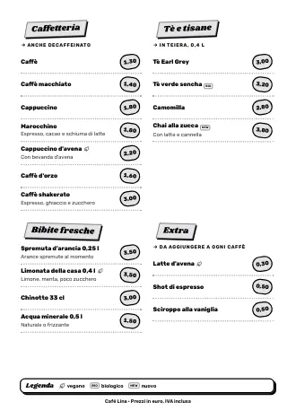 Menu bevande A4 di Café Lina in stile “Street food”, pronto da stampare
