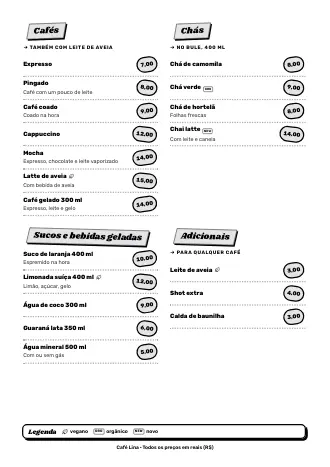 Cardápio de bebidas A4 do Café Lina no estilo “Comida de rua”, pronto para imprimir