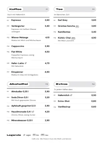 A4-Getränkekarte von Café Lina im Stil „Seite für Seite“ zum Ausdrucken