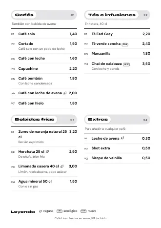 Carta de bebidas A4 de Café Lina con el estilo «Página a página», lista para imprimir