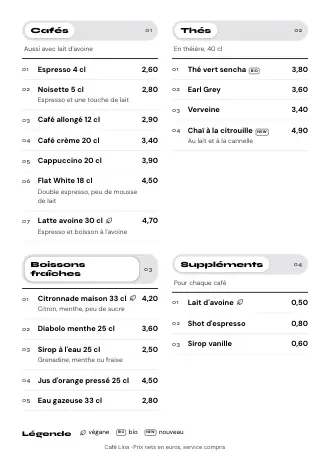 Carte des boissons A4 de Café Lina en style « Page par page », prête à imprimer