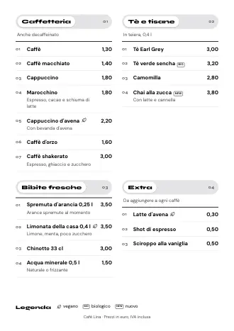 Menu bevande A4 di Café Lina in stile “Pagina per pagina”, pronto da stampare