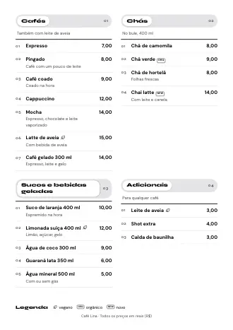 Cardápio de bebidas A4 do Café Lina no estilo “Página por página”, pronto para imprimir