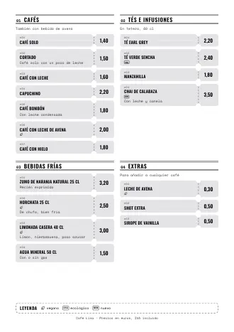 Plantilla de carta de bebidas «Entradas» con cafés, tés y precios
