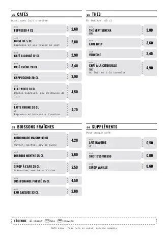 Modèle de carte des boissons « Tickets » avec cafés, thés et prix