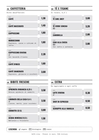 Modello di menu bevande “Biglietti” con caffè, tè e prezzi