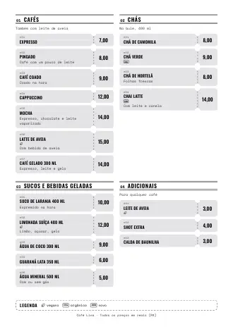 Cardápio de bebidas no estilo “Ingressos” com cafés, chás e preços